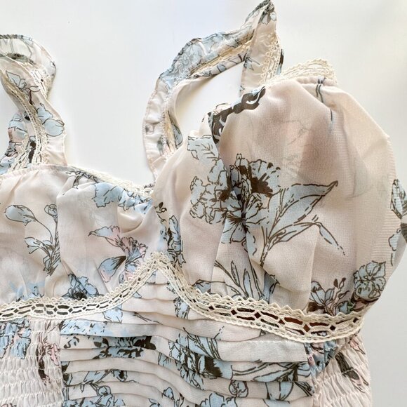 Bohme Pleated Smocked Bustier Tank Cream Blue Floral top Large - Picture 5 of 9
